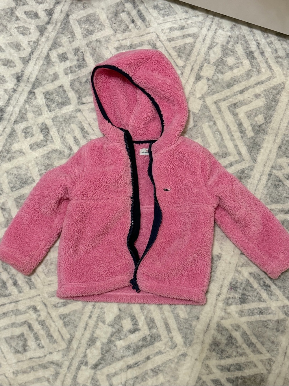 Vineyard Vines Toddler Girl Pink Teddy Fleece Hoodie with Navy Trim